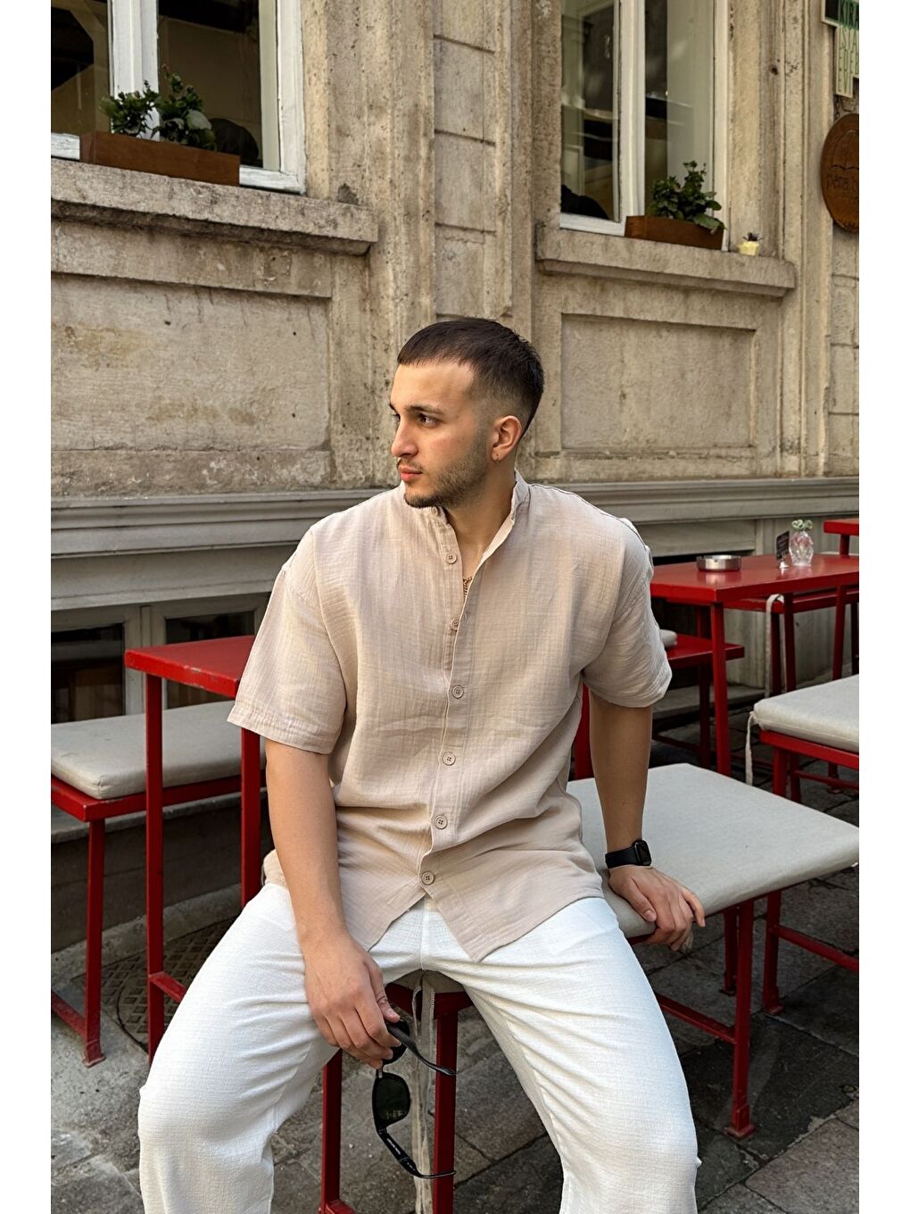 Bej Mingan Erkek Yazlık Pamuk Gömlek Hakim Yaka kısa kol Düğmeli Rahat Kalıp-3