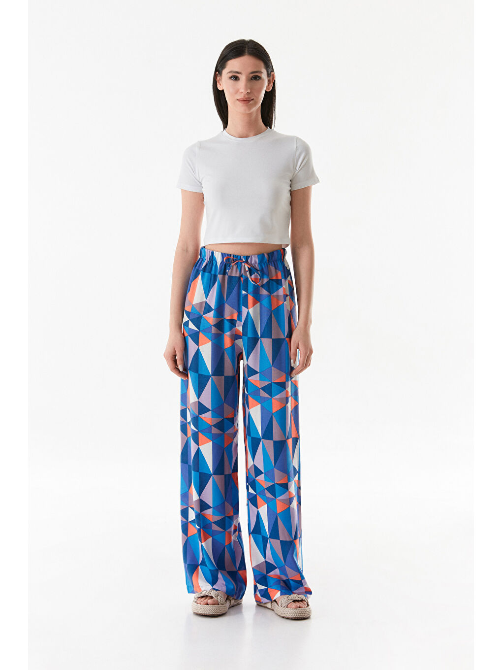 Mavi Üçgen Desenli Beli Lastikli Palazzo Pantolon-2