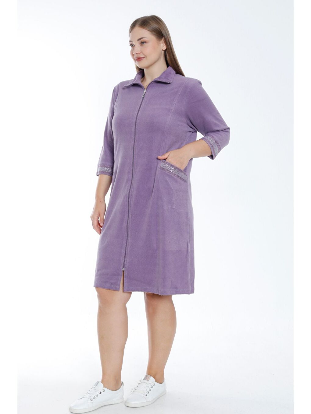 Mor Kadın Turkuaz Truvakar Kollu Taş Detaylı Cepli Pamuklu Havlu Büyük Beden Elbise-2