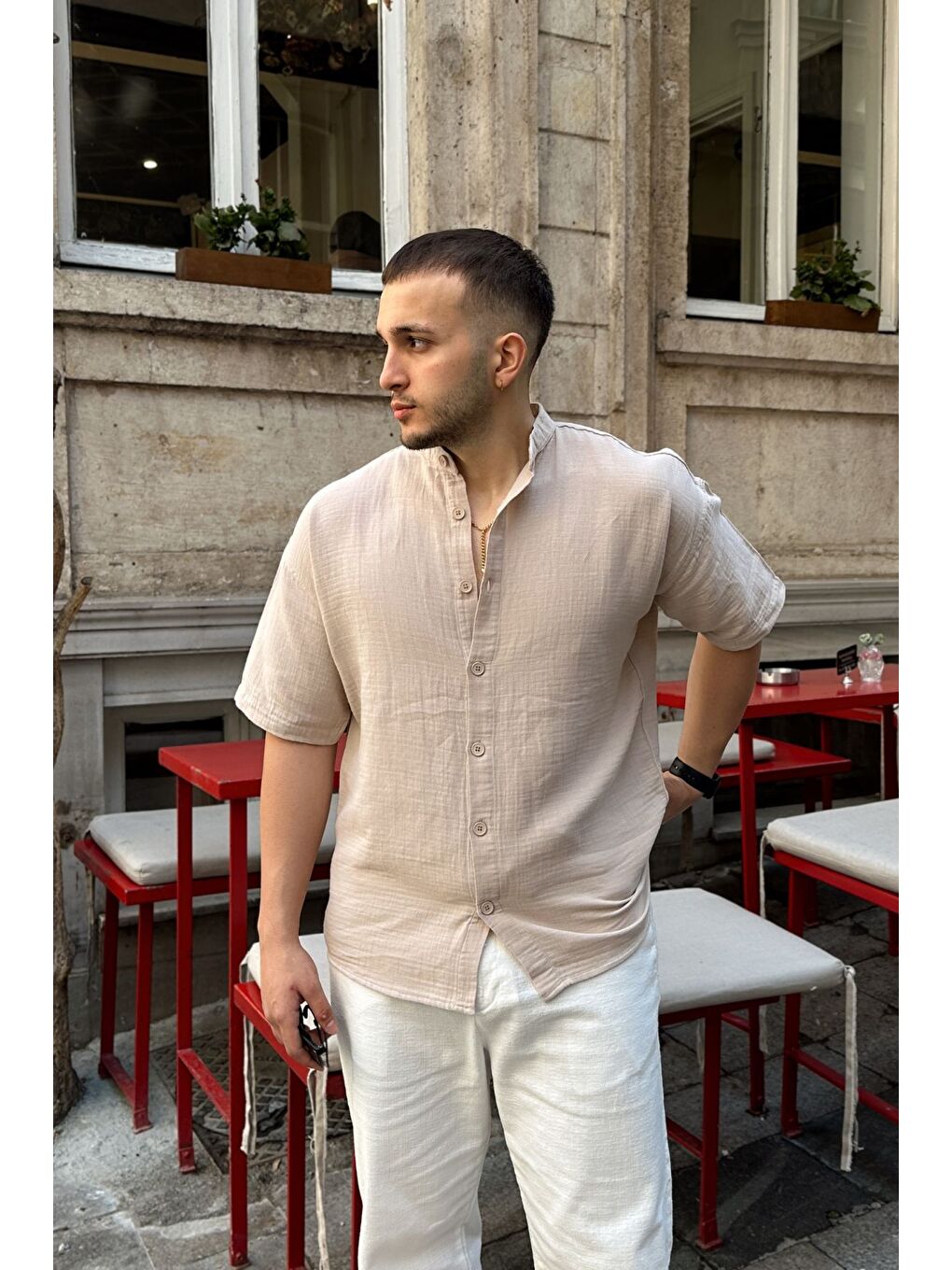 Bej Mingan Erkek Yazlık Pamuk Gömlek Hakim Yaka kısa kol Düğmeli Rahat Kalıp-4