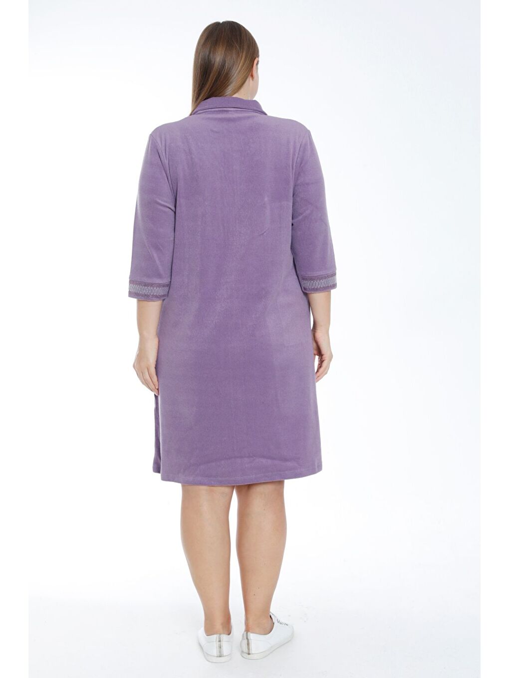 Mor Kadın Turkuaz Truvakar Kollu Taş Detaylı Cepli Pamuklu Havlu Büyük Beden Elbise-3