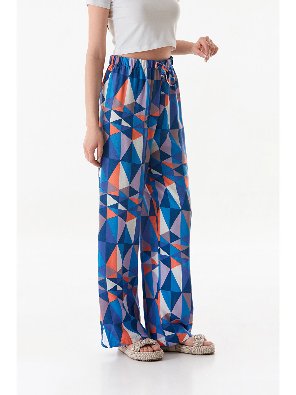 Mavi Üçgen Desenli Beli Lastikli Palazzo Pantolon-3