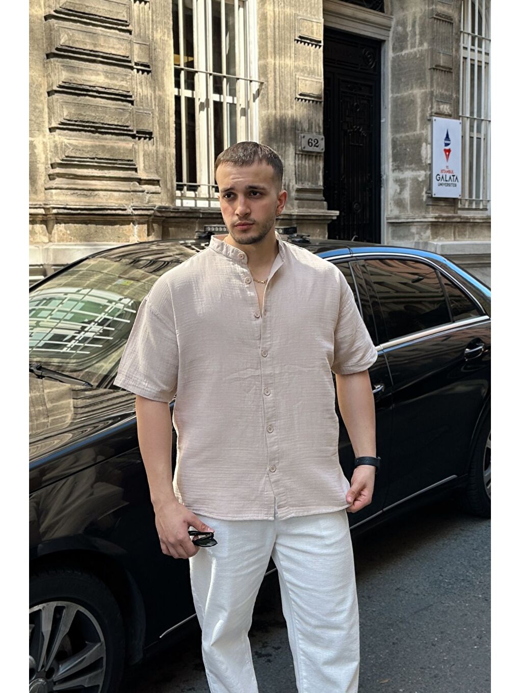 Bej Mingan Erkek Yazlık Pamuk Gömlek Hakim Yaka kısa kol Düğmeli Rahat Kalıp-5