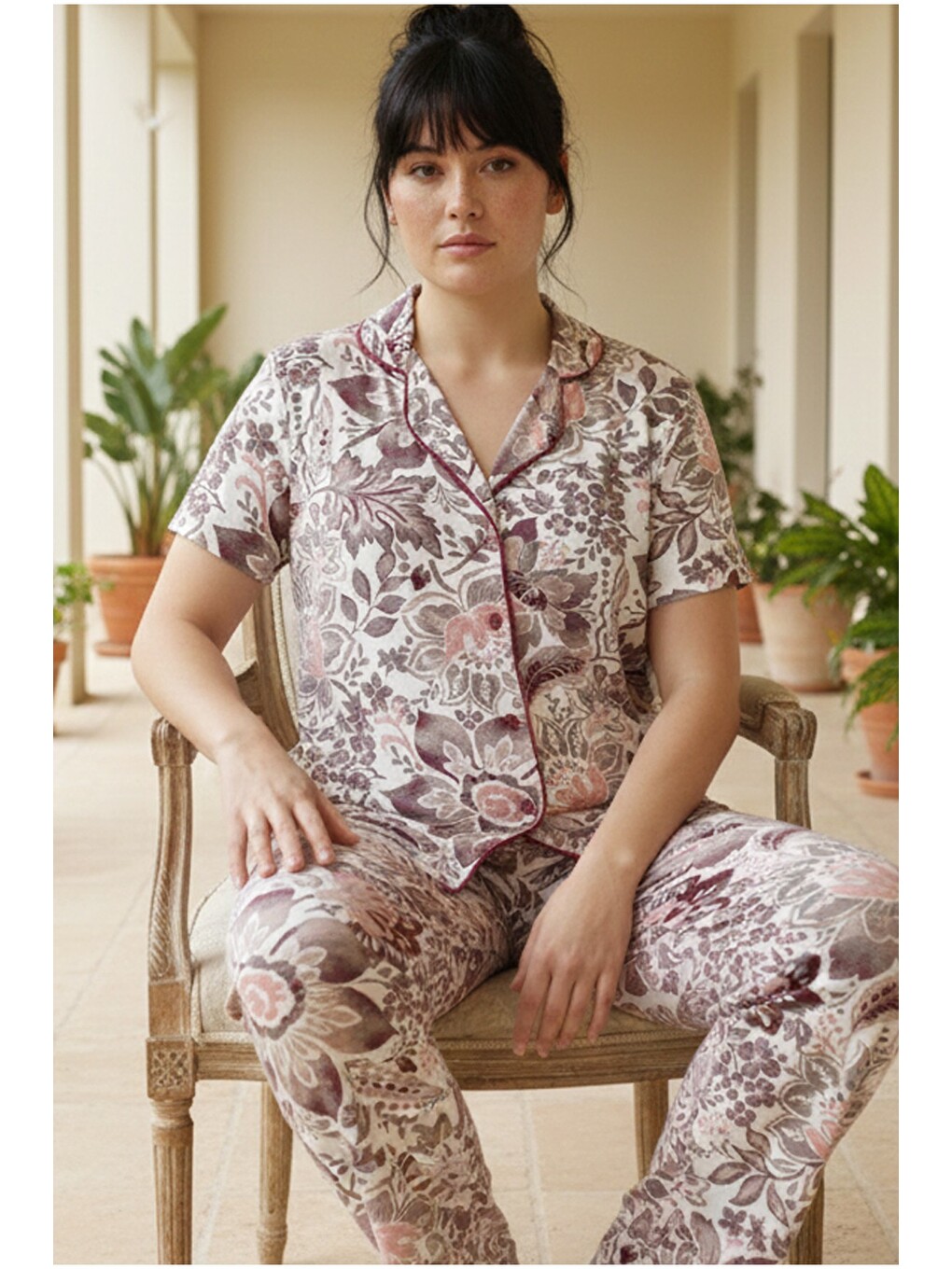 Bej Büyük Beden Battal Boy Düğmeli Biyeli Viskon Örme Pijama Takım 26120965