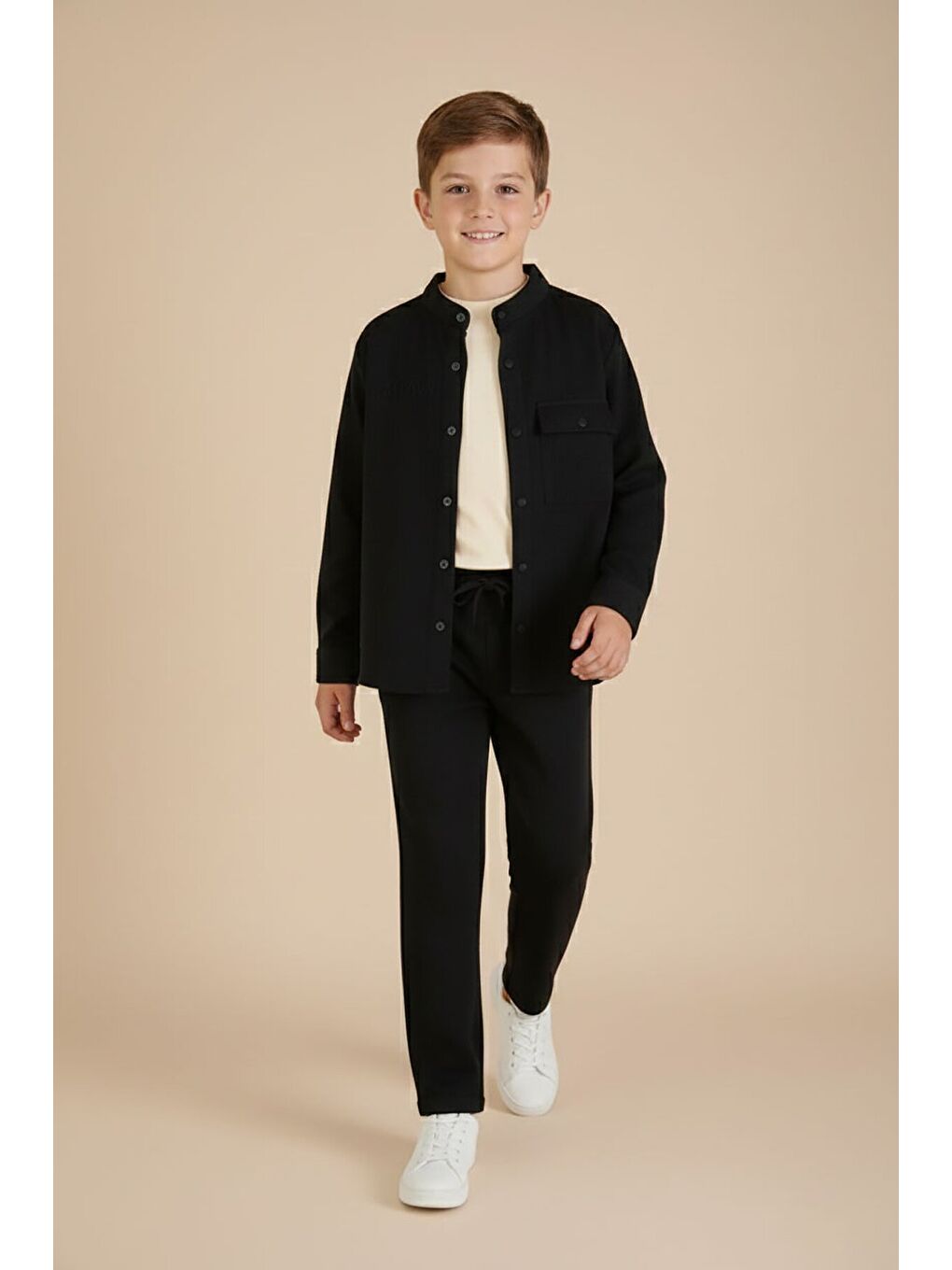 Siyah Keten Gömlekli Pantolonlu Erkek Çocuk 3lü Alt Üst Takım 23571