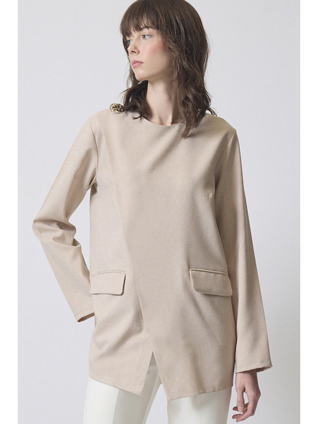 Bej Asimetrik Kesim Krep Tunik-1