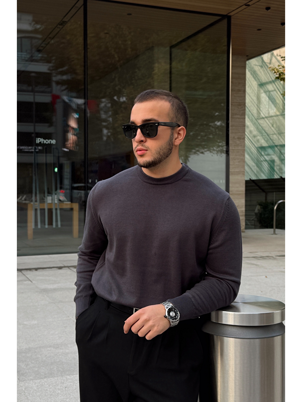 Antrasit Acton Erkek %100 Organik Pamuk Bisiklet Yaka Triko Kazak-8