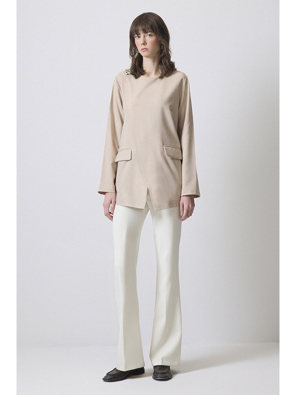 Bej Asimetrik Kesim Krep Tunik-2