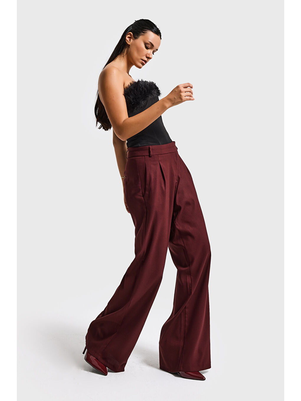 Kadın Bordo s6-35 Neptun Kemer Detaylı Palazzo Fit Pileli Pantolon-2