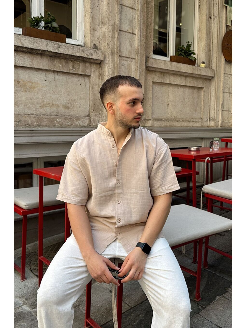 Bej Mingan Erkek Yazlık Pamuk Gömlek Hakim Yaka kısa kol Düğmeli Rahat Kalıp-6