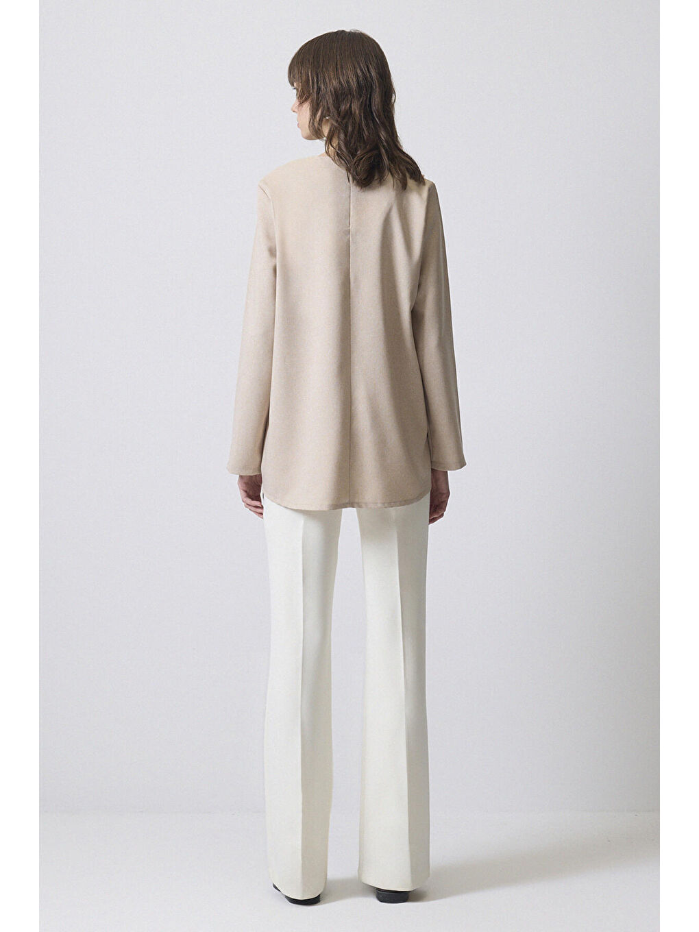 Bej Asimetrik Kesim Krep Tunik-3