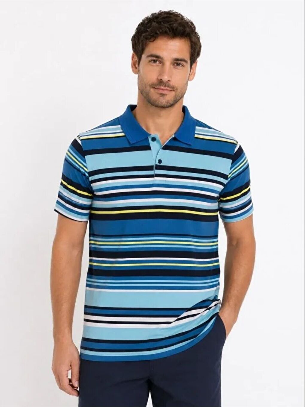 Erkek Çizgili Polo Yaka Tişört Kısa Kol Yazlık T-Shirt Regular Fit - Mavi-2