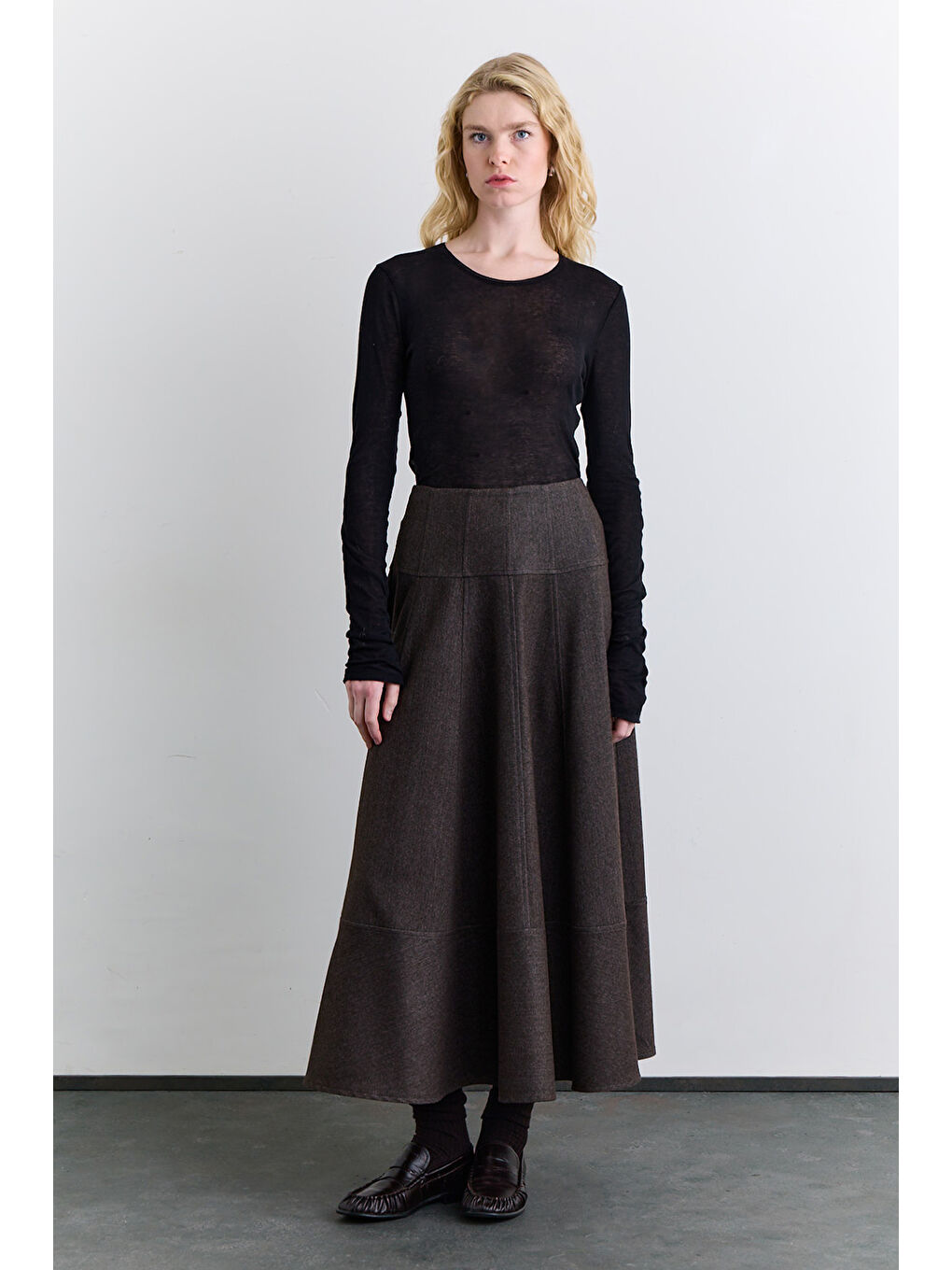 Bej Kup Detaylı Geniş Etek Vizon-5