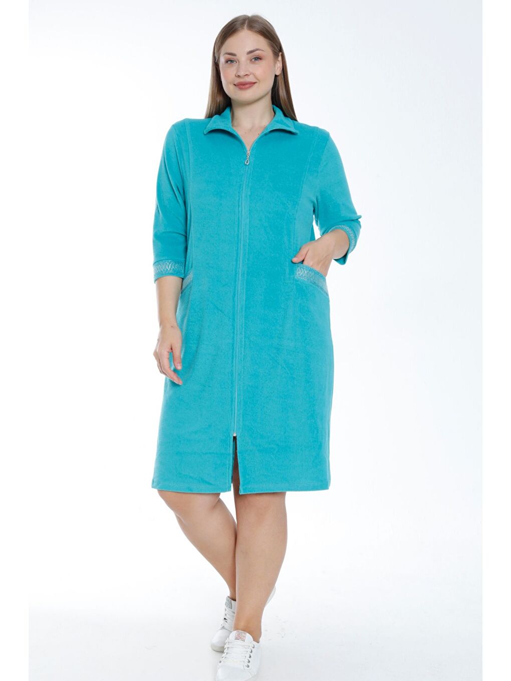 Kadın Turkuaz Truvakar Kollu Taş Detaylı Cepli Pamuklu Havlu Büyük Beden Elbise