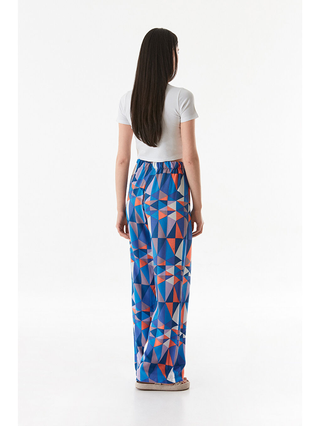 Mavi Üçgen Desenli Beli Lastikli Palazzo Pantolon-4