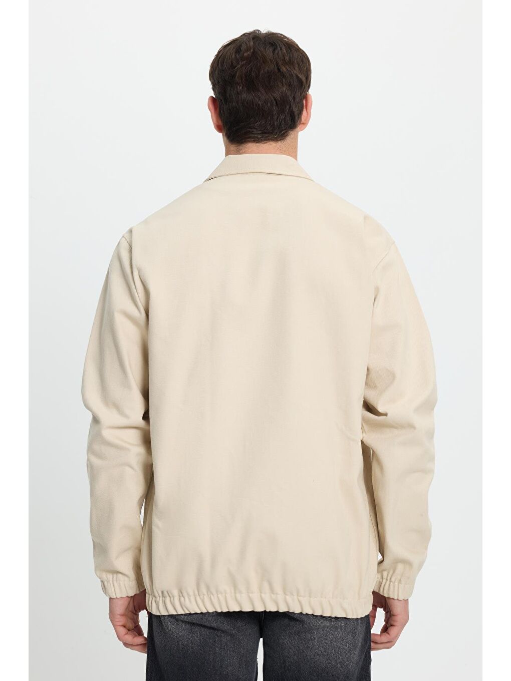 Bej Erkek Relax Fit Rahat Kesim Çift Cep Kapaklı Fermuarlı Beli Lastikli Düz Ceket-7