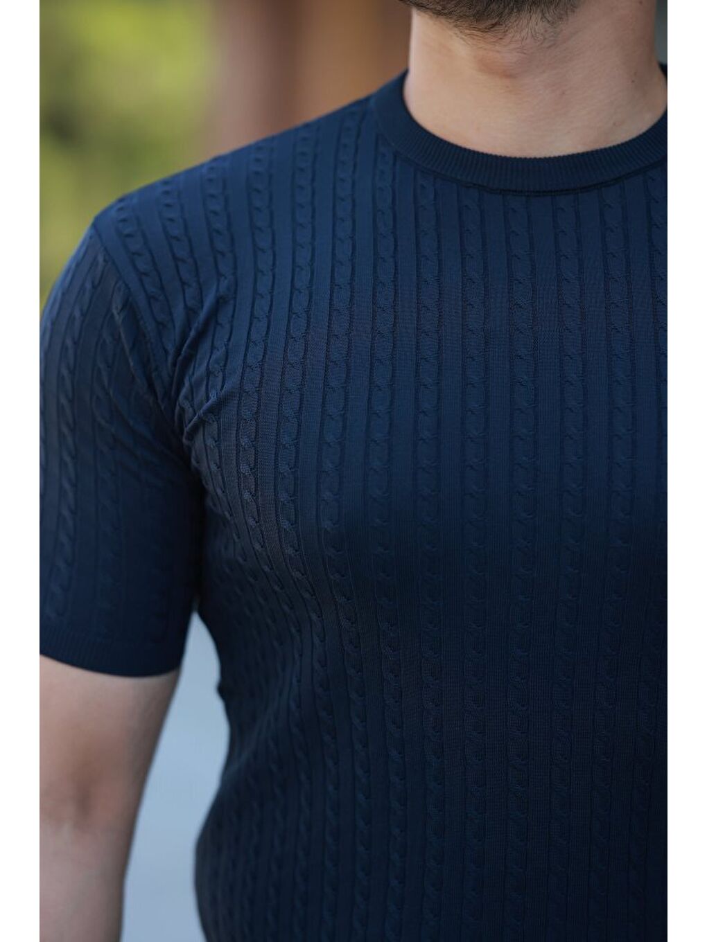 Lacivert Erkek Bisiklet Yaka örgü Desenli Kısa örme Triko Kısa Kollu T-shirt-2