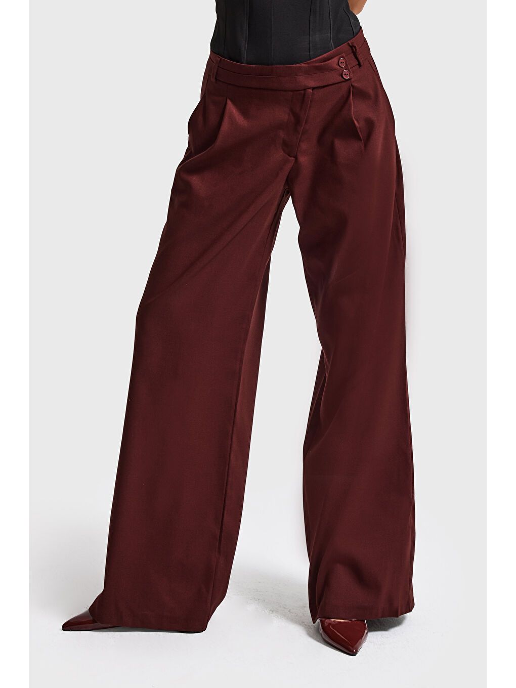 Kadın Bordo s6-35 Neptun Kemer Detaylı Palazzo Fit Pileli Pantolon-3