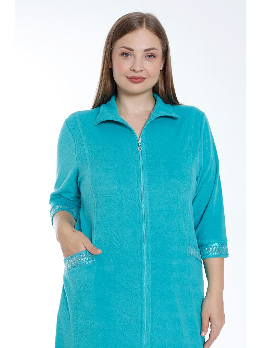 Kadın Turkuaz Truvakar Kollu Taş Detaylı Cepli Pamuklu Havlu Büyük Beden Elbise-1