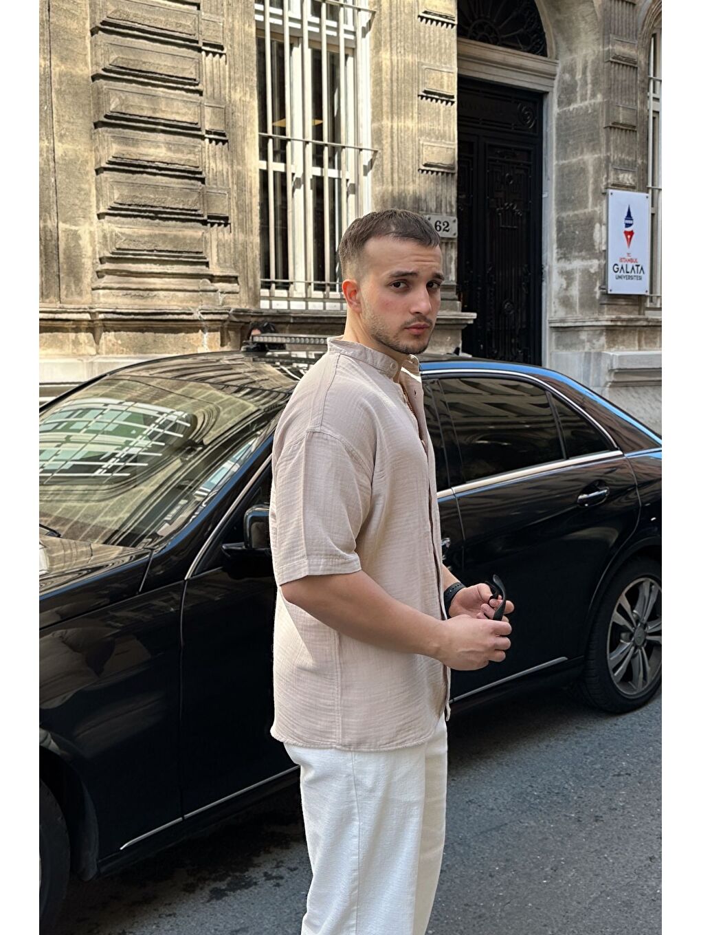 Bej Mingan Erkek Yazlık Pamuk Gömlek Hakim Yaka kısa kol Düğmeli Rahat Kalıp-7