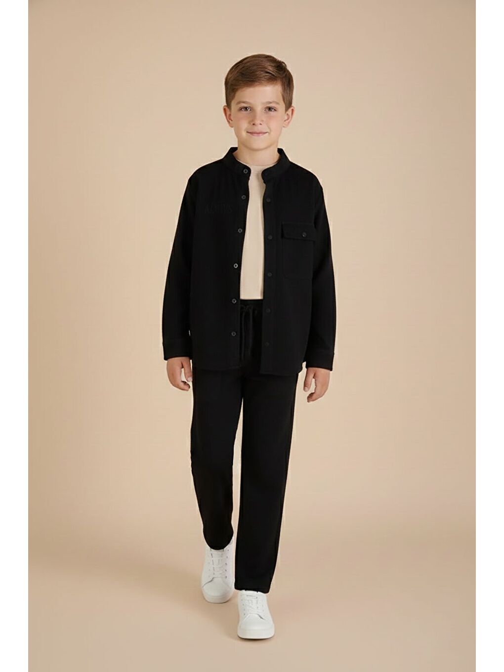 Siyah Keten Gömlekli Pantolonlu Erkek Çocuk 3lü Alt Üst Takım 23571-1