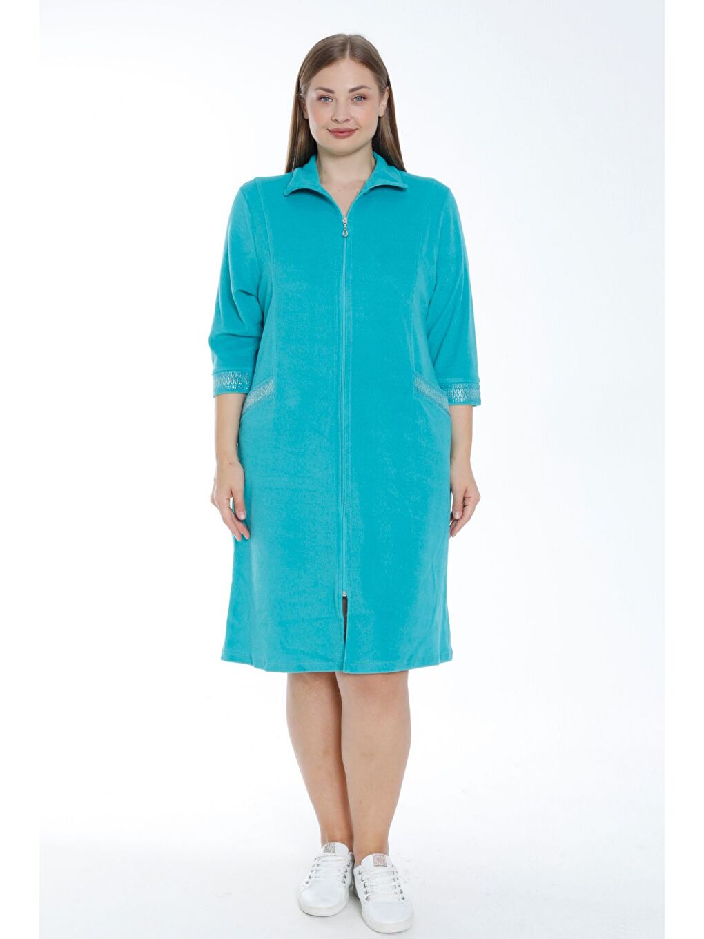 Kadın Turkuaz Truvakar Kollu Taş Detaylı Cepli Pamuklu Havlu Büyük Beden Elbise-2