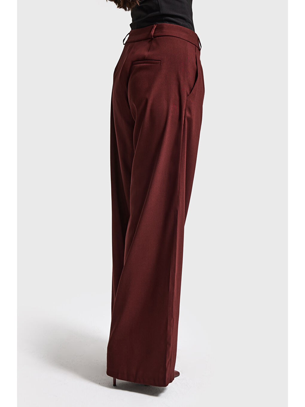Kadın Bordo s6-35 Neptun Kemer Detaylı Palazzo Fit Pileli Pantolon-4