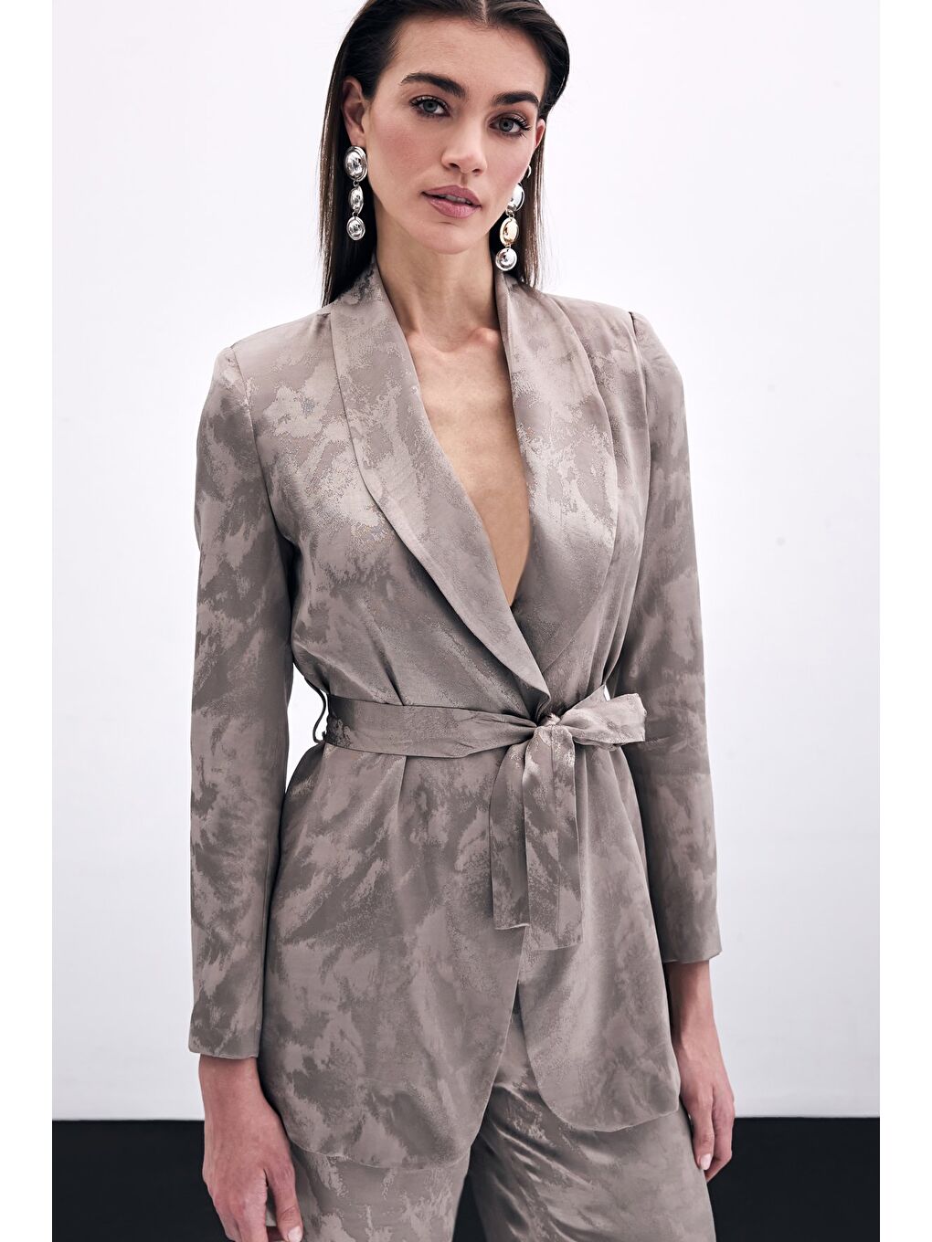 Bej Bağlamalı Jakarlı Ceket - Vizon-1