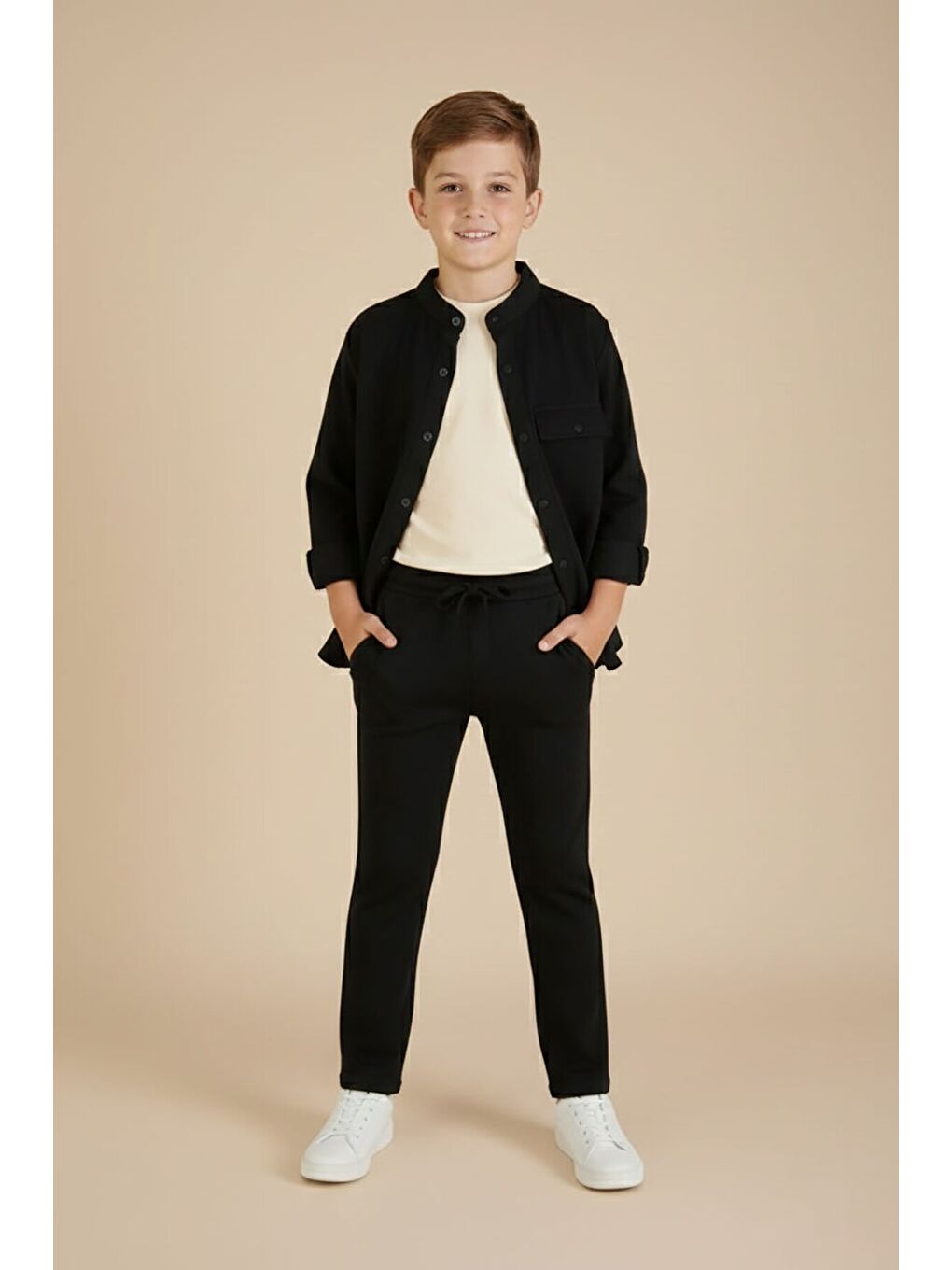 Siyah Keten Gömlekli Pantolonlu Erkek Çocuk 3lü Alt Üst Takım 23571-2