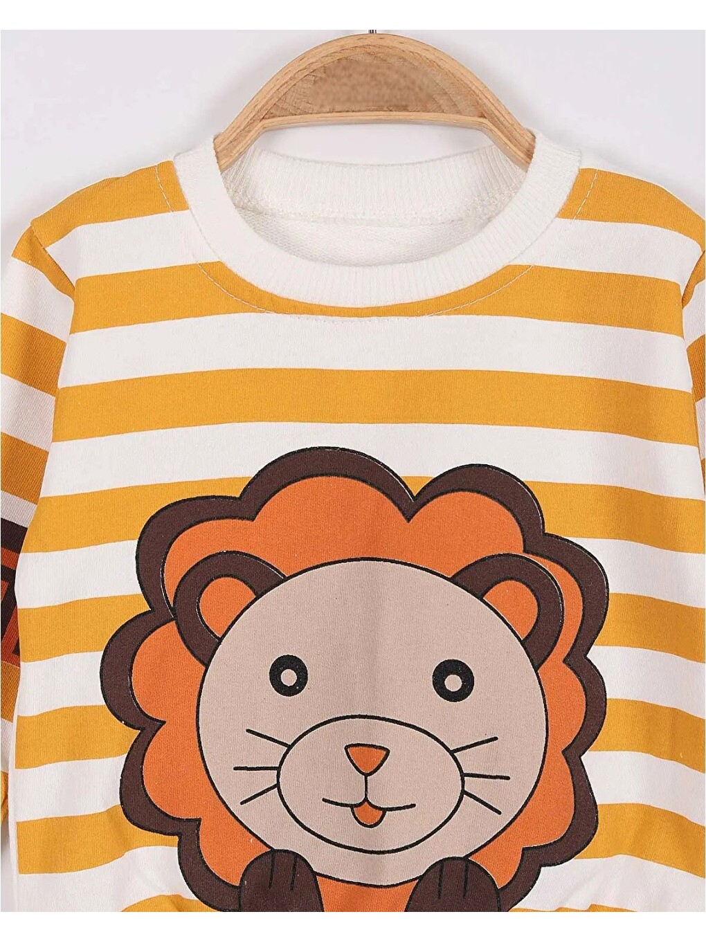 Sarı Aslan Desenli Bebek Takımı (3-18 Ay) - Çizgili Uzun Kollu Sweatshirt Ve Eşofman Altı-4