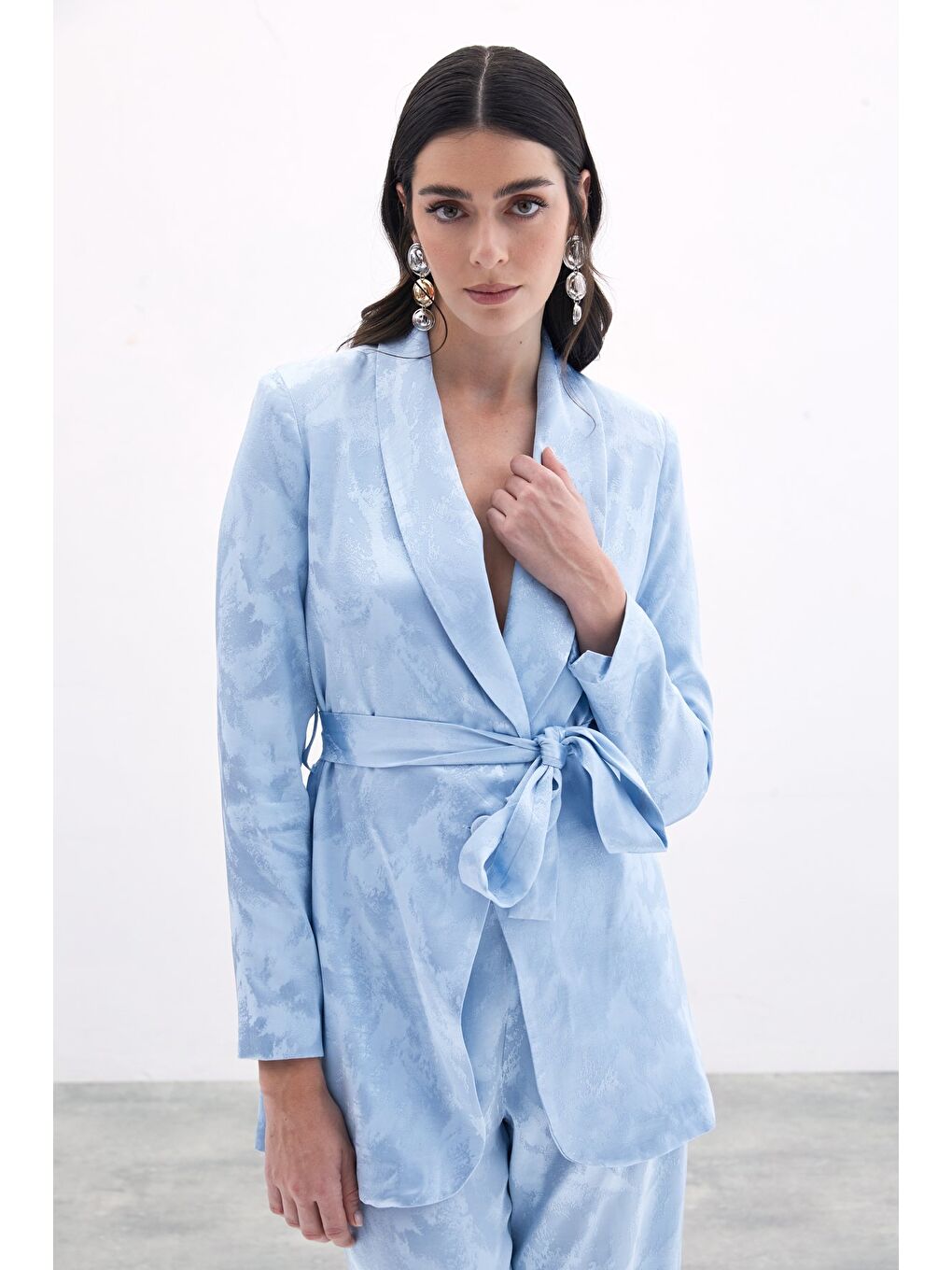 Bağlamalı Jakarlı Ceket - Bebe Mavi-1