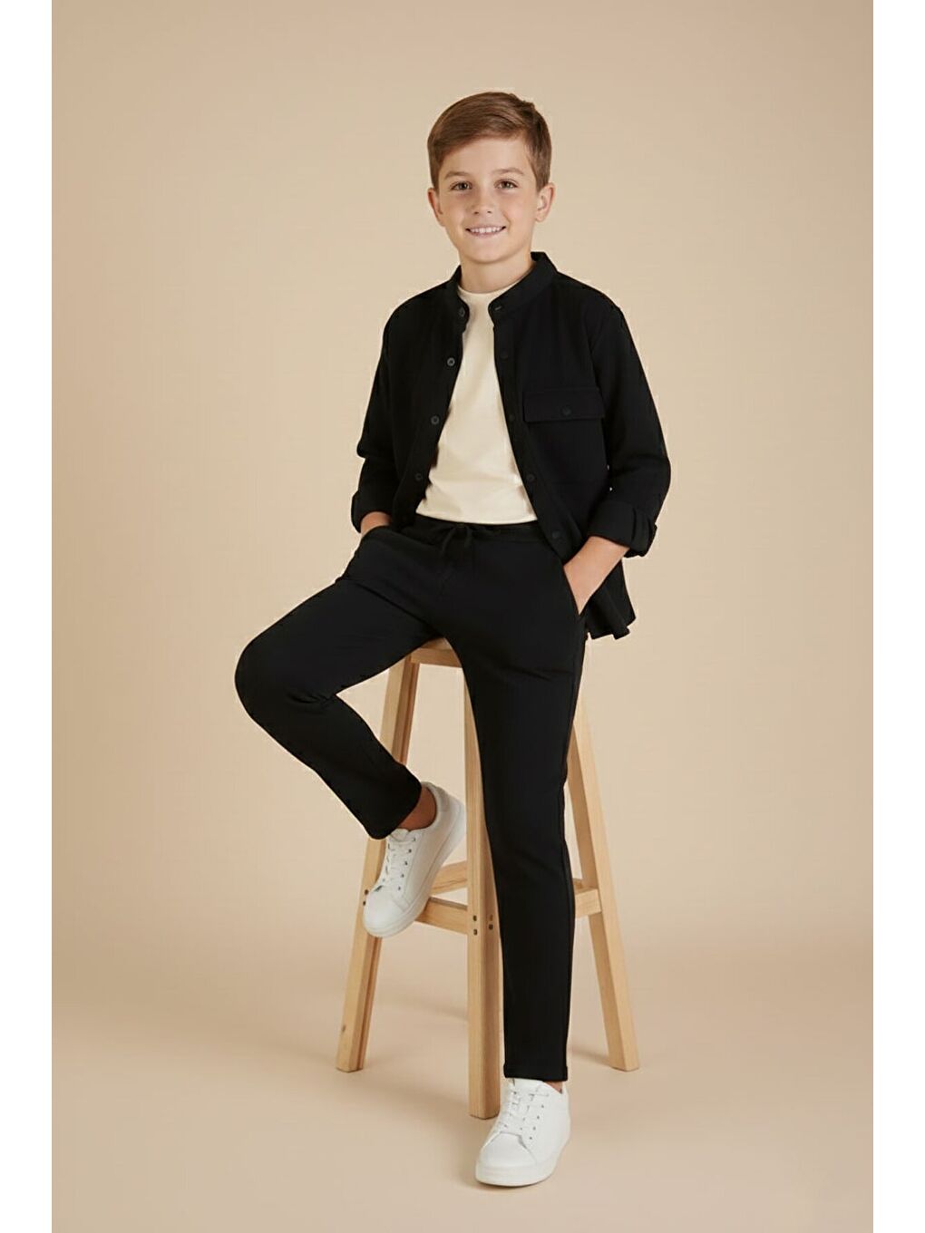 Siyah Keten Gömlekli Pantolonlu Erkek Çocuk 3lü Alt Üst Takım 23571-3