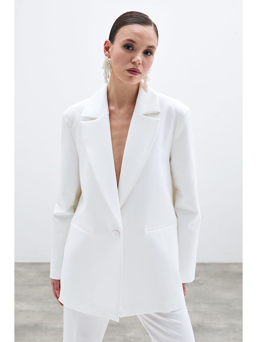 Ön Tek Düğmeli Uzun Ceket - Ekru