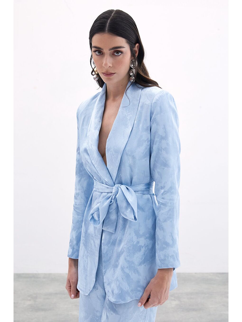 Bağlamalı Jakarlı Ceket - Bebe Mavi-2