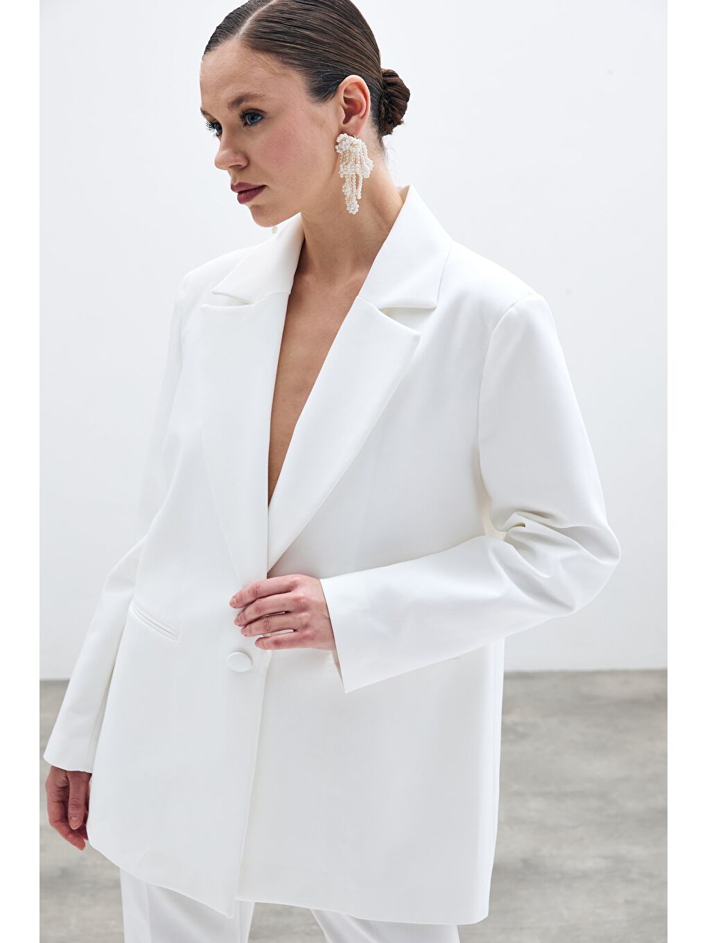 Ön Tek Düğmeli Uzun Ceket - Ekru-1