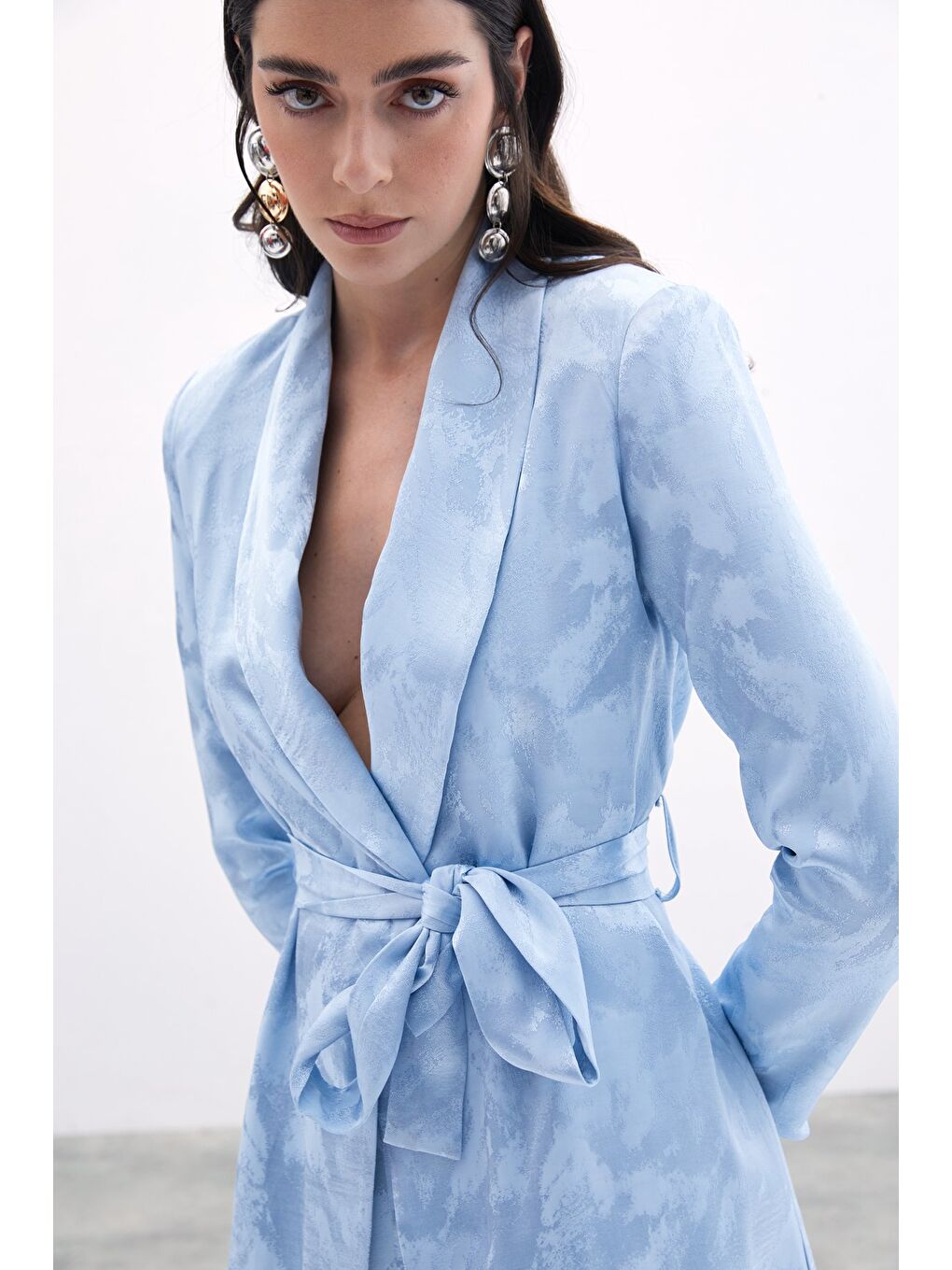 Bağlamalı Jakarlı Ceket - Bebe Mavi-3