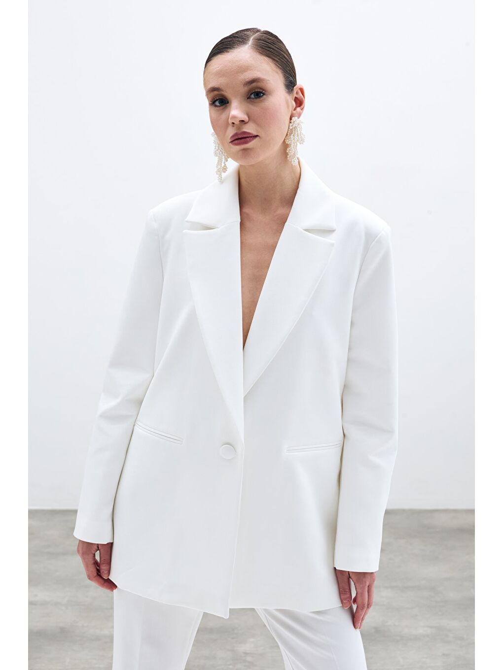 Ön Tek Düğmeli Uzun Ceket - Ekru-2