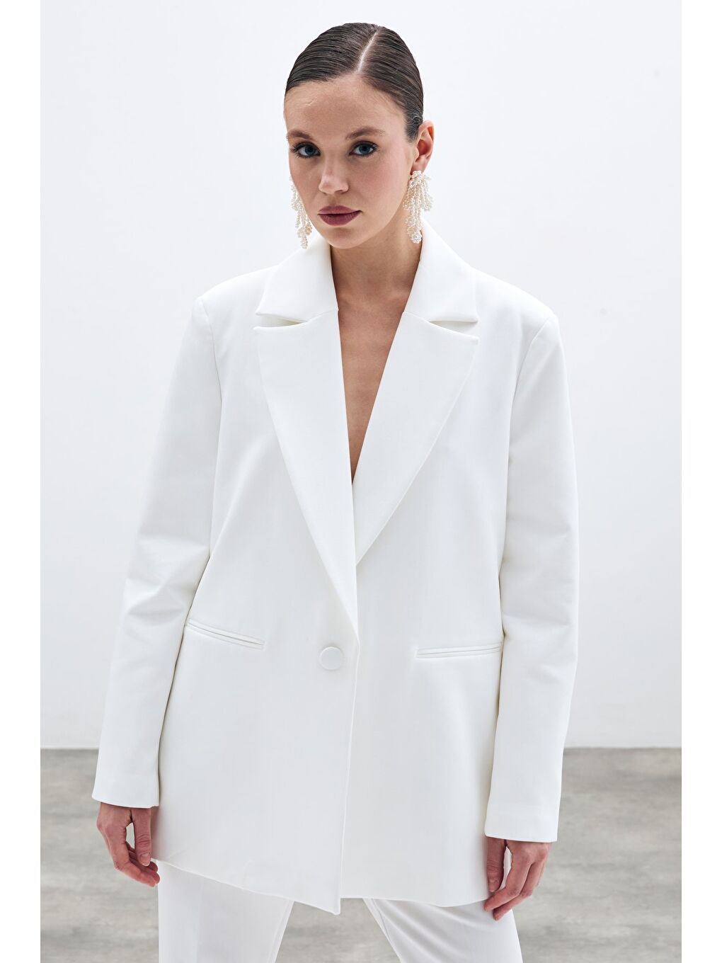 Ön Tek Düğmeli Uzun Ceket - Ekru-3