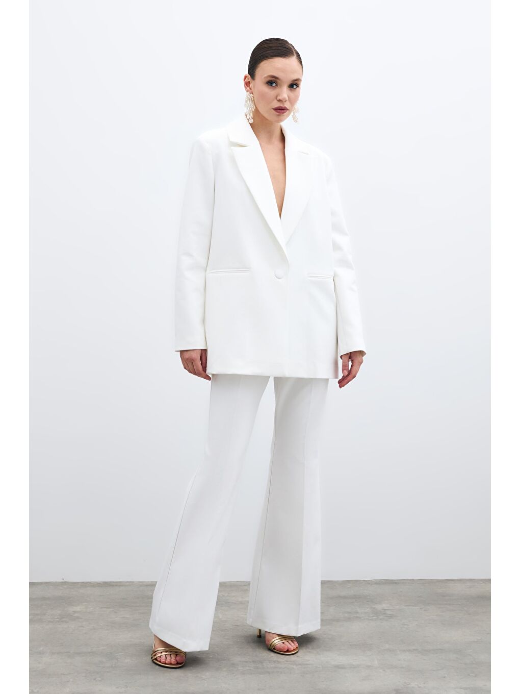 Ön Tek Düğmeli Uzun Ceket - Ekru-4