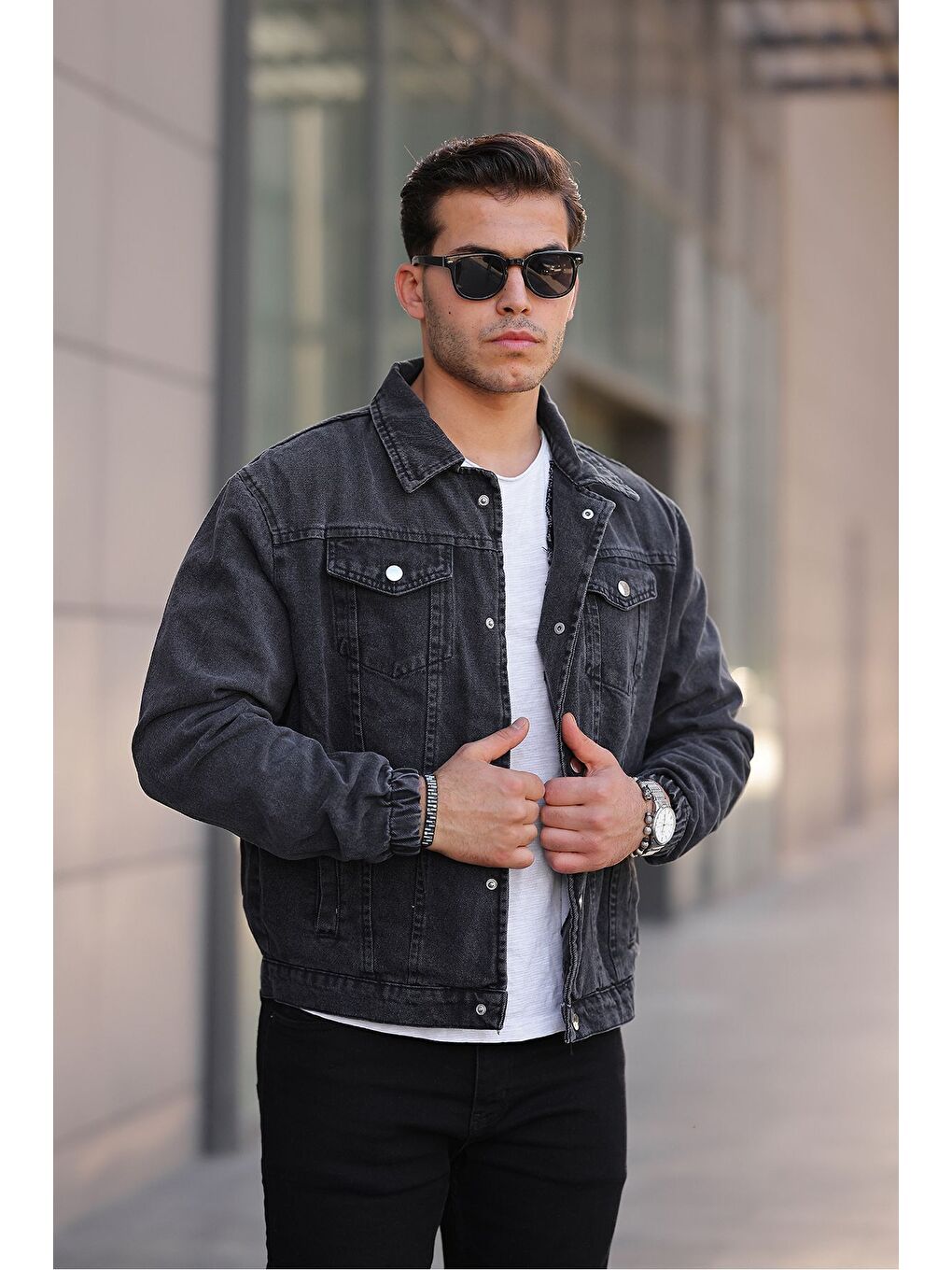 Antrasit Çıtçıtlı Oversize Jean Ceket-1