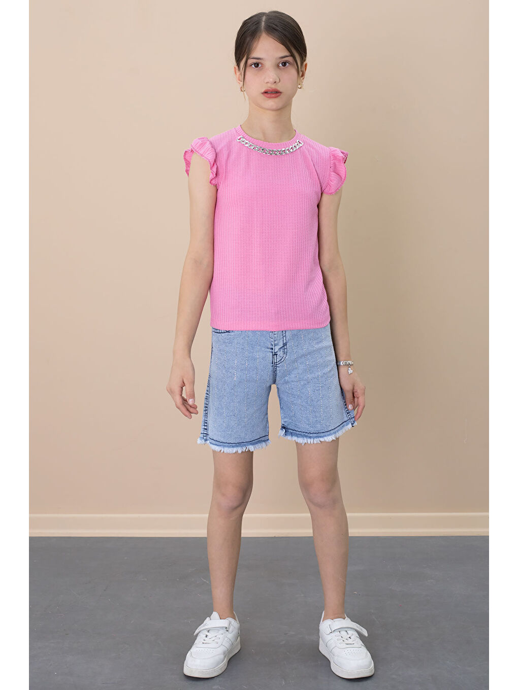 Payetli Jean Şortlu Pembe Kolye Detaylı Badili Kız Çocuk 2li Takım 21108