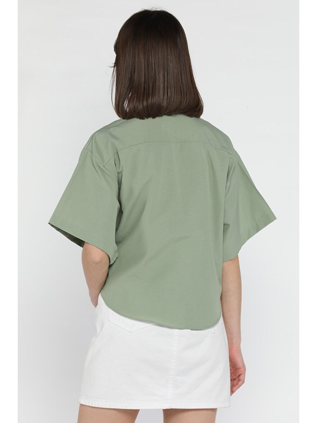 Haki Kadın Çift Cepli Kısa Kol Gömlek-2
