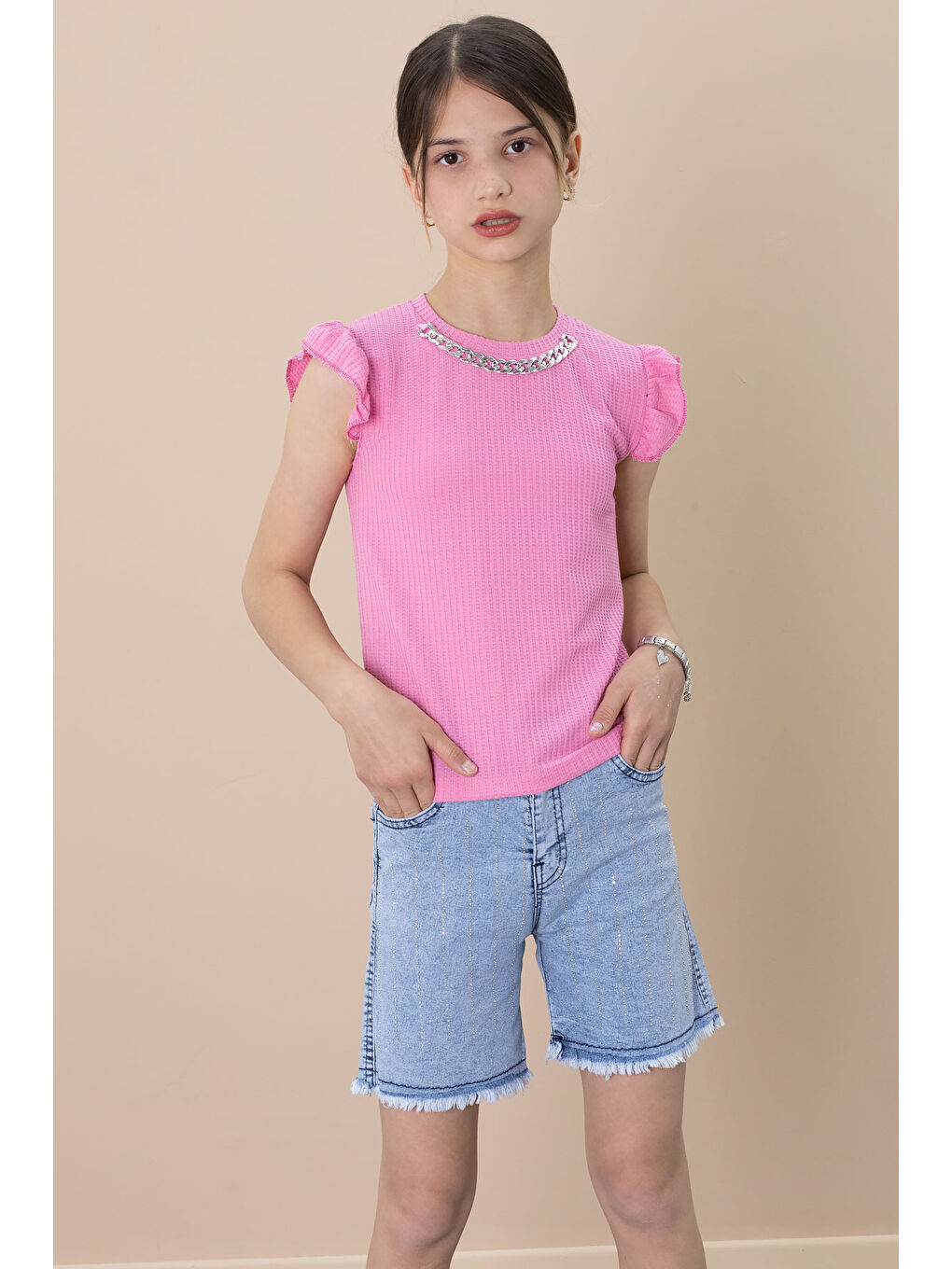 Payetli Jean Şortlu Pembe Kolye Detaylı Badili Kız Çocuk 2li Takım 21108-1