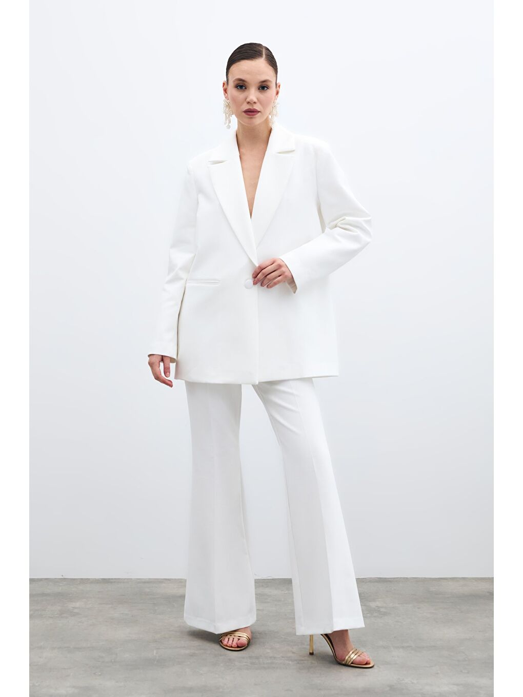 Ön Tek Düğmeli Uzun Ceket - Ekru-5