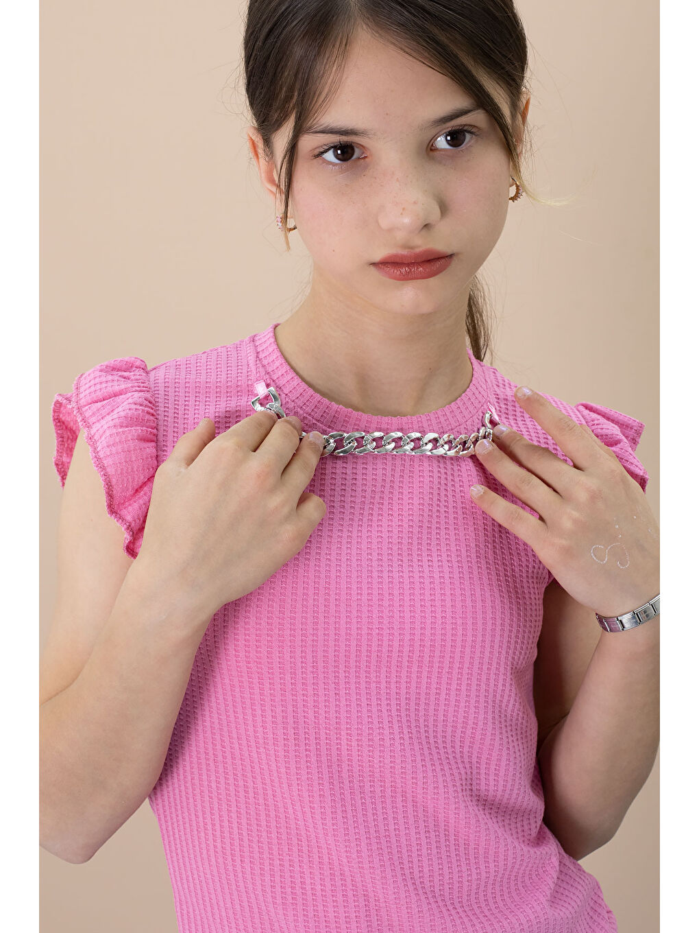 Payetli Jean Şortlu Pembe Kolye Detaylı Badili Kız Çocuk 2li Takım 21108-2