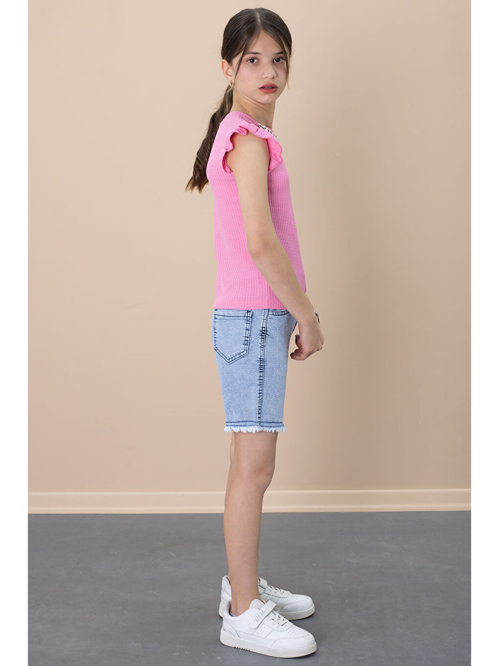 Payetli Jean Şortlu Pembe Kolye Detaylı Badili Kız Çocuk 2li Takım 21108-3