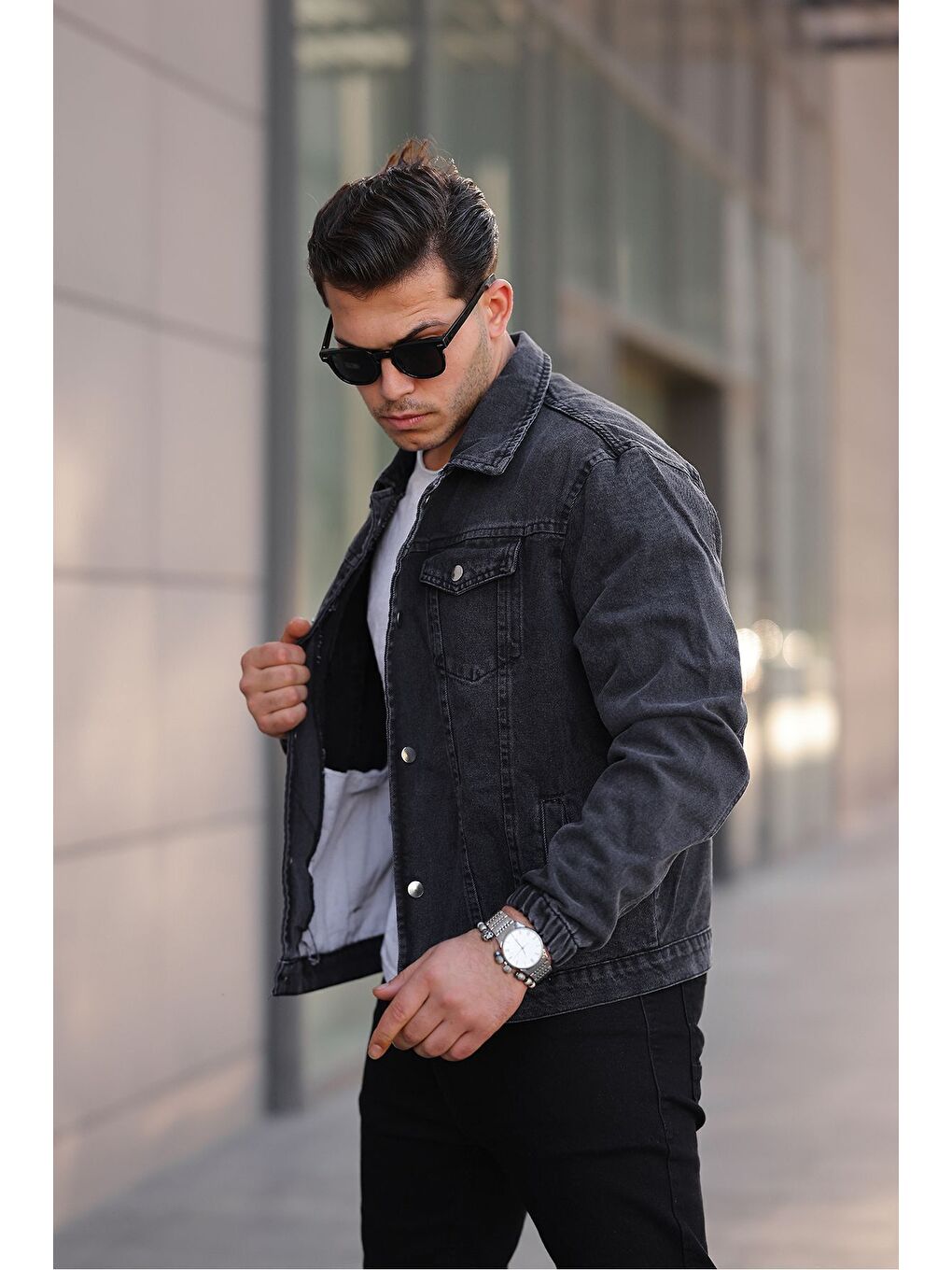 Antrasit Çıtçıtlı Oversize Jean Ceket-2