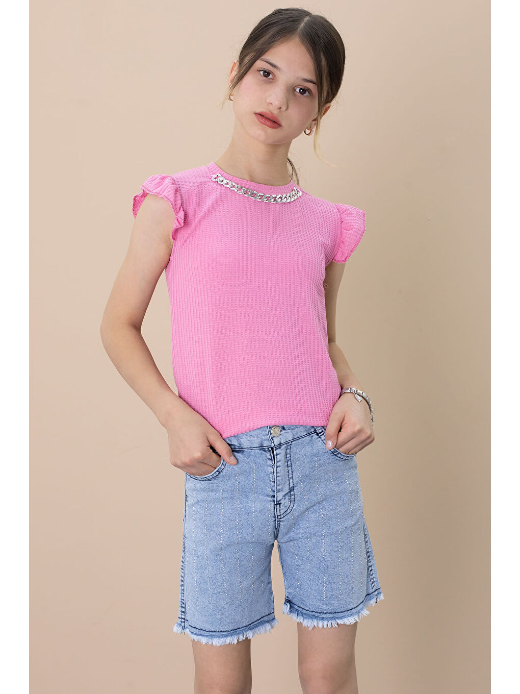 Payetli Jean Şortlu Pembe Kolye Detaylı Badili Kız Çocuk 2li Takım 21108-4