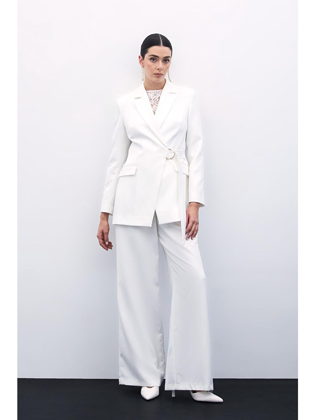 Kruvaze Yakalı Uzun Ceket - Ekru-1