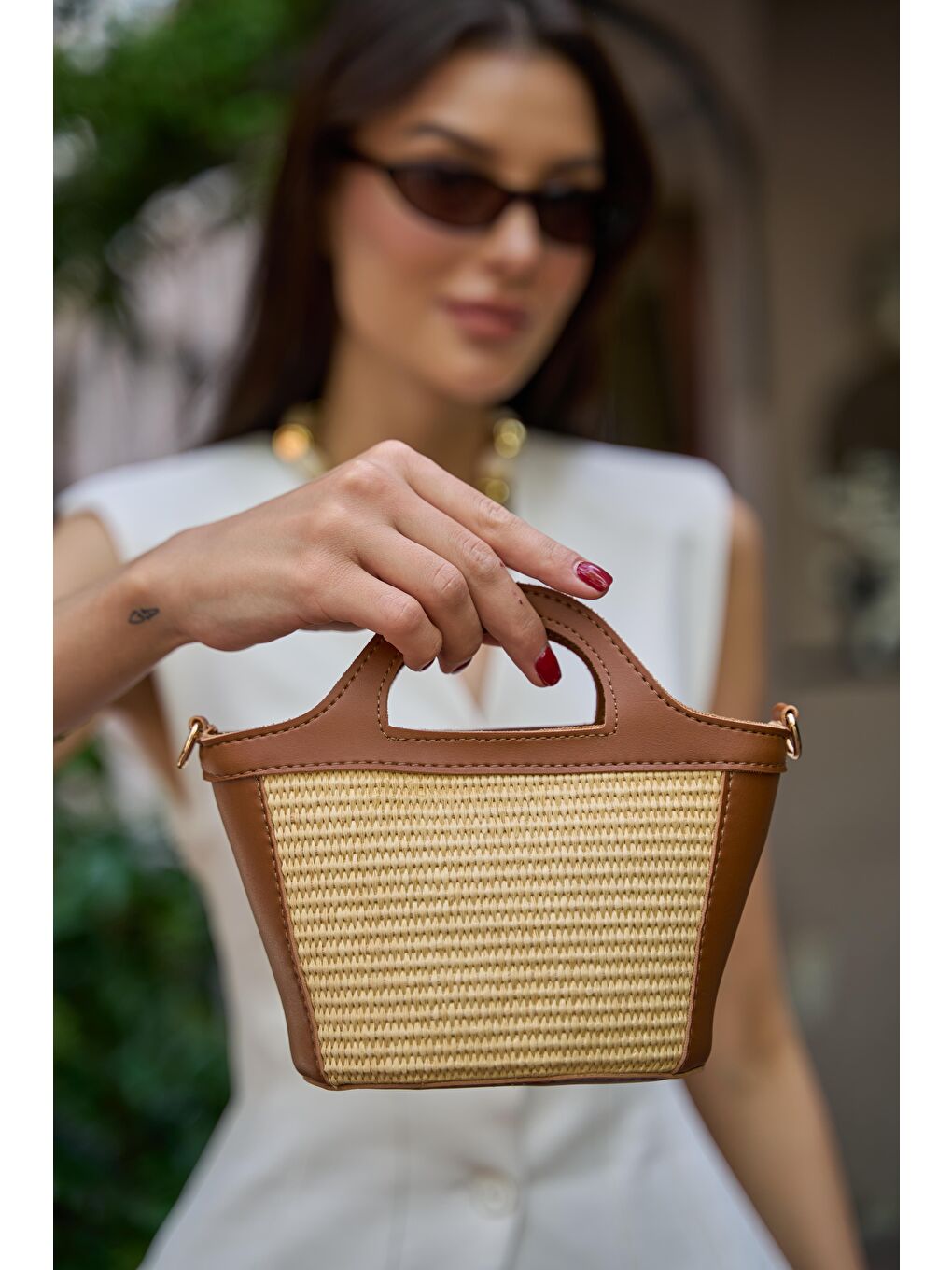 Kahverengi Mini Hasır Detaylı Çapraz Çanta Taba Hasır-1